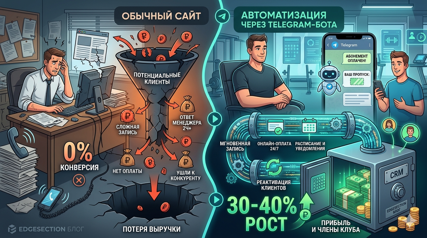 Почему фитнес-клубу не нужен просто сайт — ему нужна автоматизация продаж через Telegram-бота