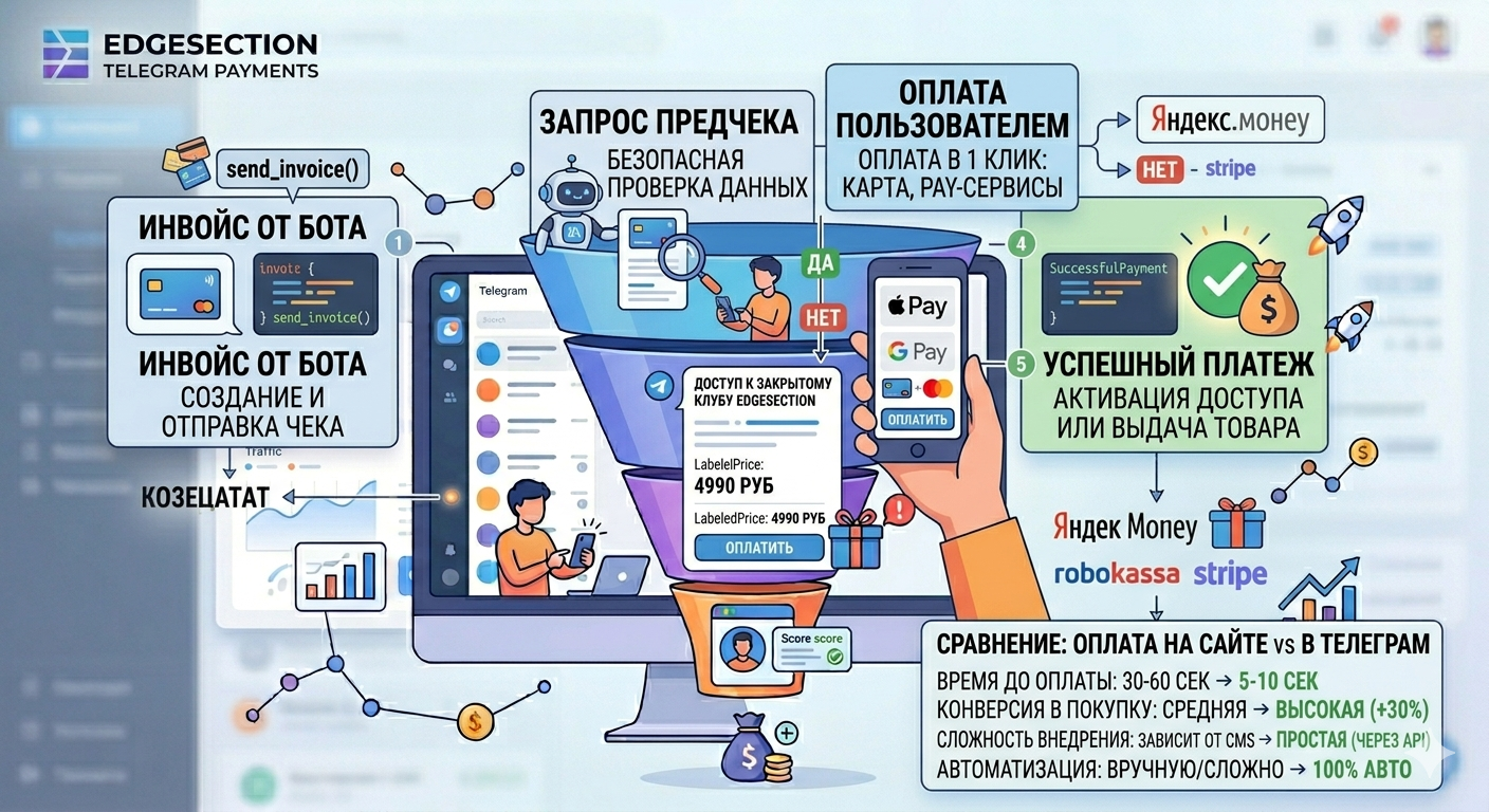 Как чат-бот принимает оплату внутри Telegram без перехода на сайт (пример кода) — Гайд от EDGESECTION