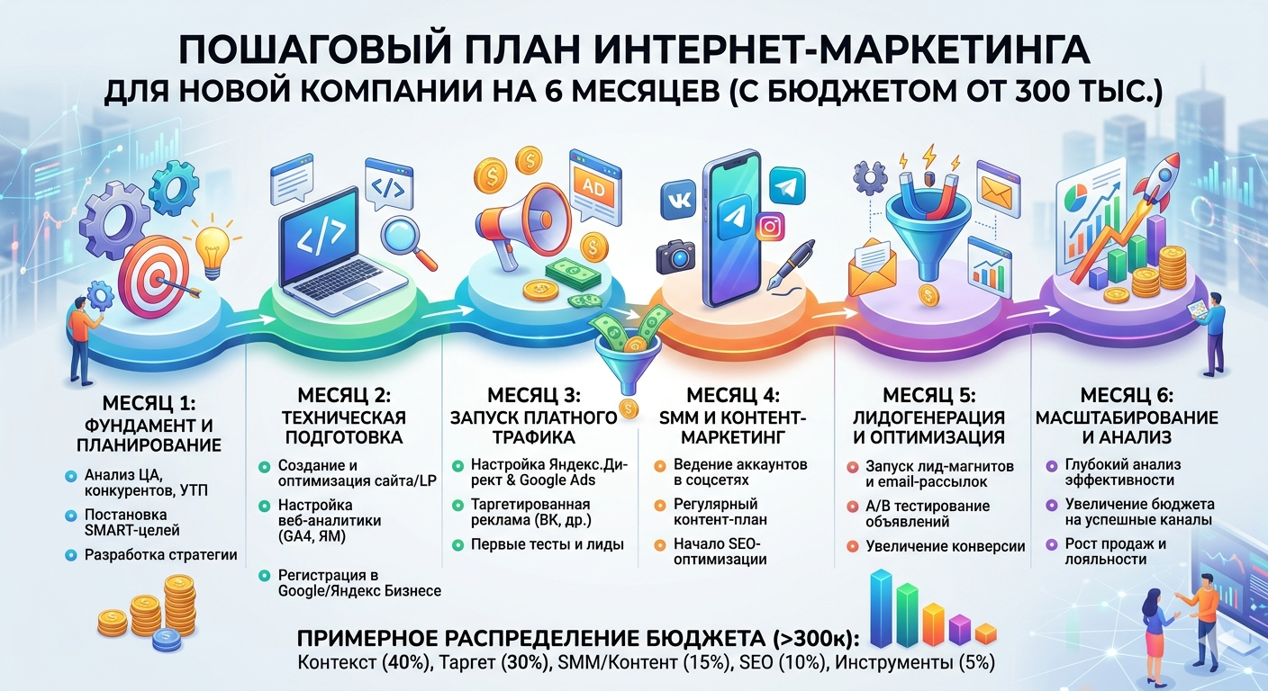 Пошаговый план интернет-маркетинга для новой компании на 6 месяцев (с бюджетом от 300 тыс.)