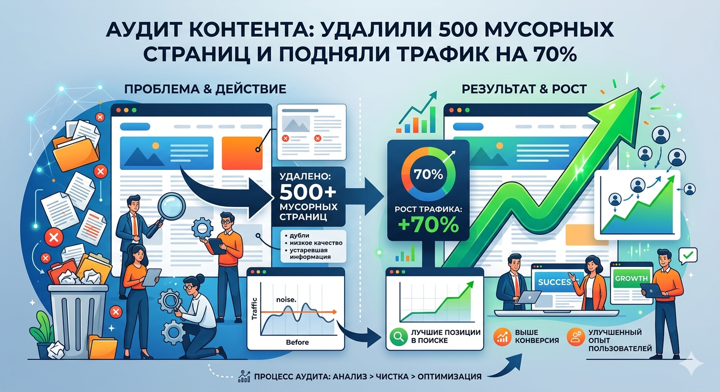 Аудит контента: как мы удалили 500 мусорных страниц и подняли трафик на 70%