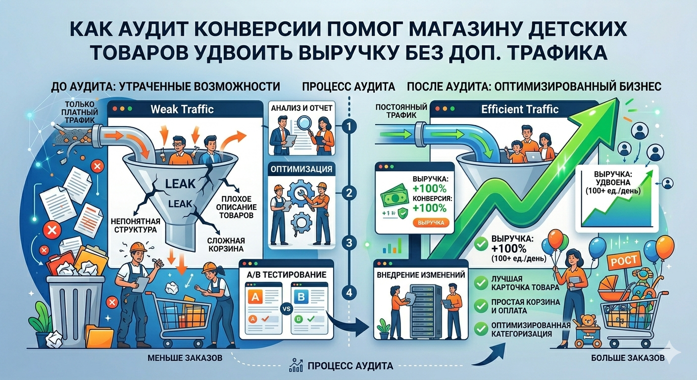 Как аудит конверсии помог магазину детских товаров удвоить выручку без дополнительного трафика