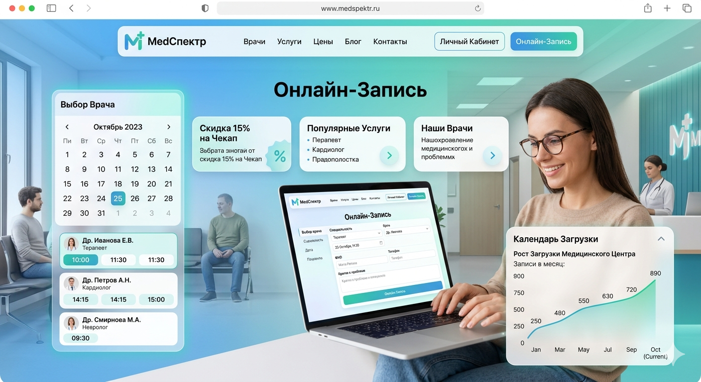 Медицинский центр: как сайт с онлайн-записью увеличивает загрузку врачей на 40% без доп. рекламы