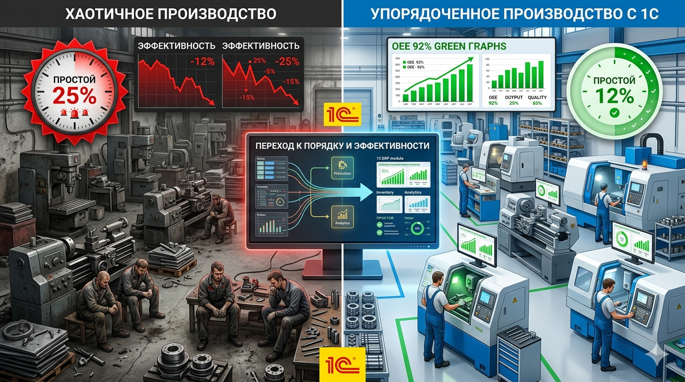 Автоматизация производства на 1С: как сократить простои оборудования на 30%