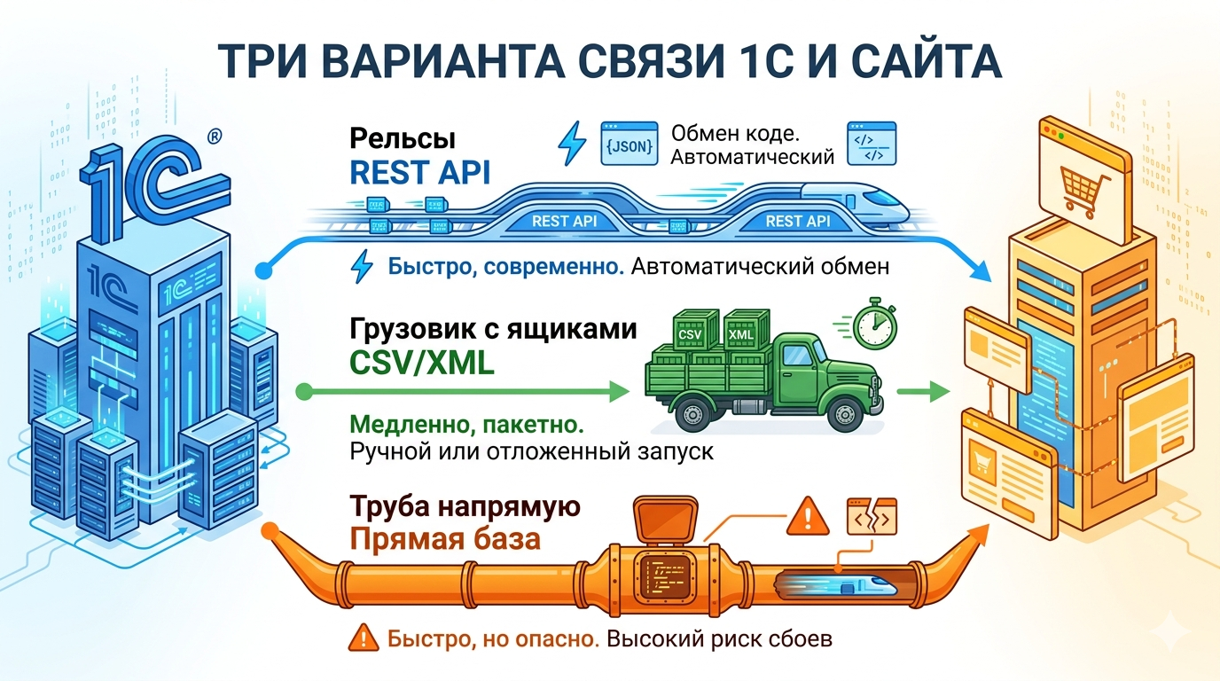 Как 1С обменивается с сайтом: REST API, обмен файлами, прямая база — что выбрать