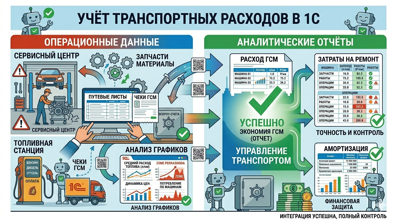 Транспортная логистика в 1С: учёт ГСМ, ремонтов и амортизации