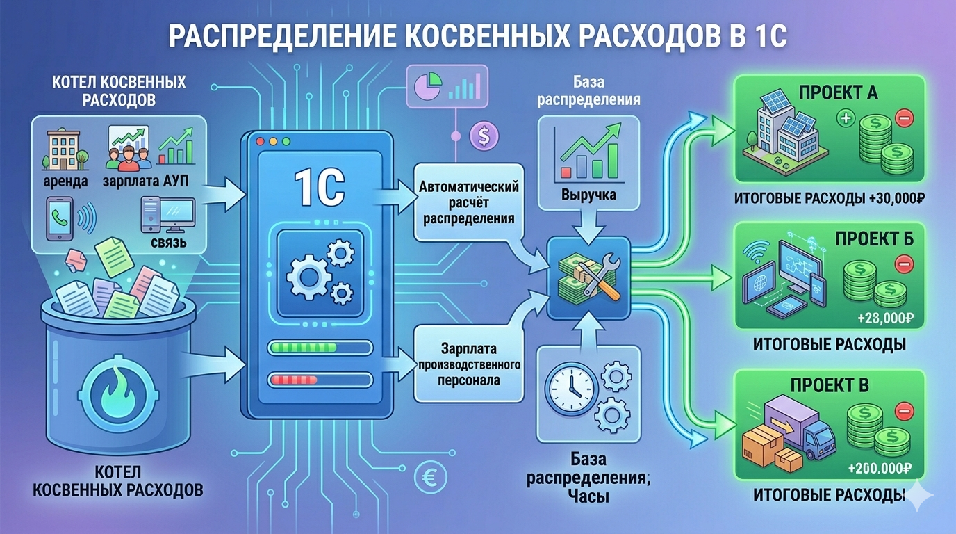 Как 1С автоматически распределяет косвенные расходы между проектами