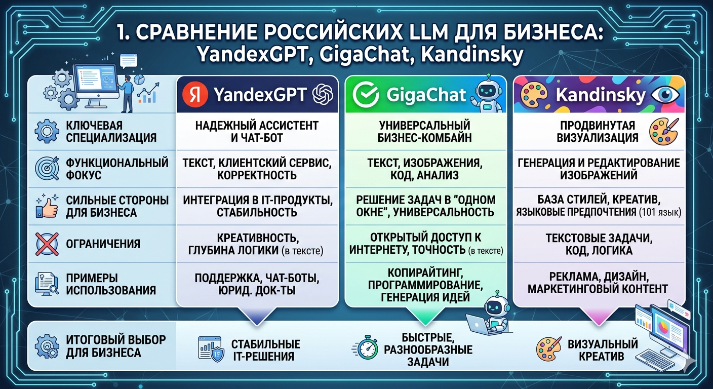 Сравнение российских LLM: YandexGPT, GigaChat, Kandinsky для бизнеса
