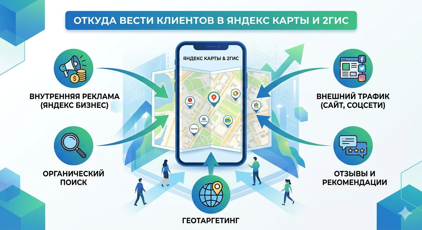 Откуда вести клиентов в Яндекс Карты и 2ГИС: полная карта источников трафика